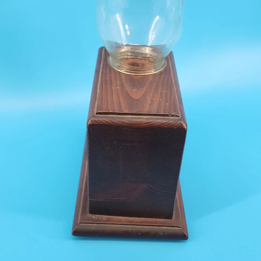 Vintage Wooden Candy Nut Peanut Dispenser Glass Jar Pull Handle Rustic Handmade